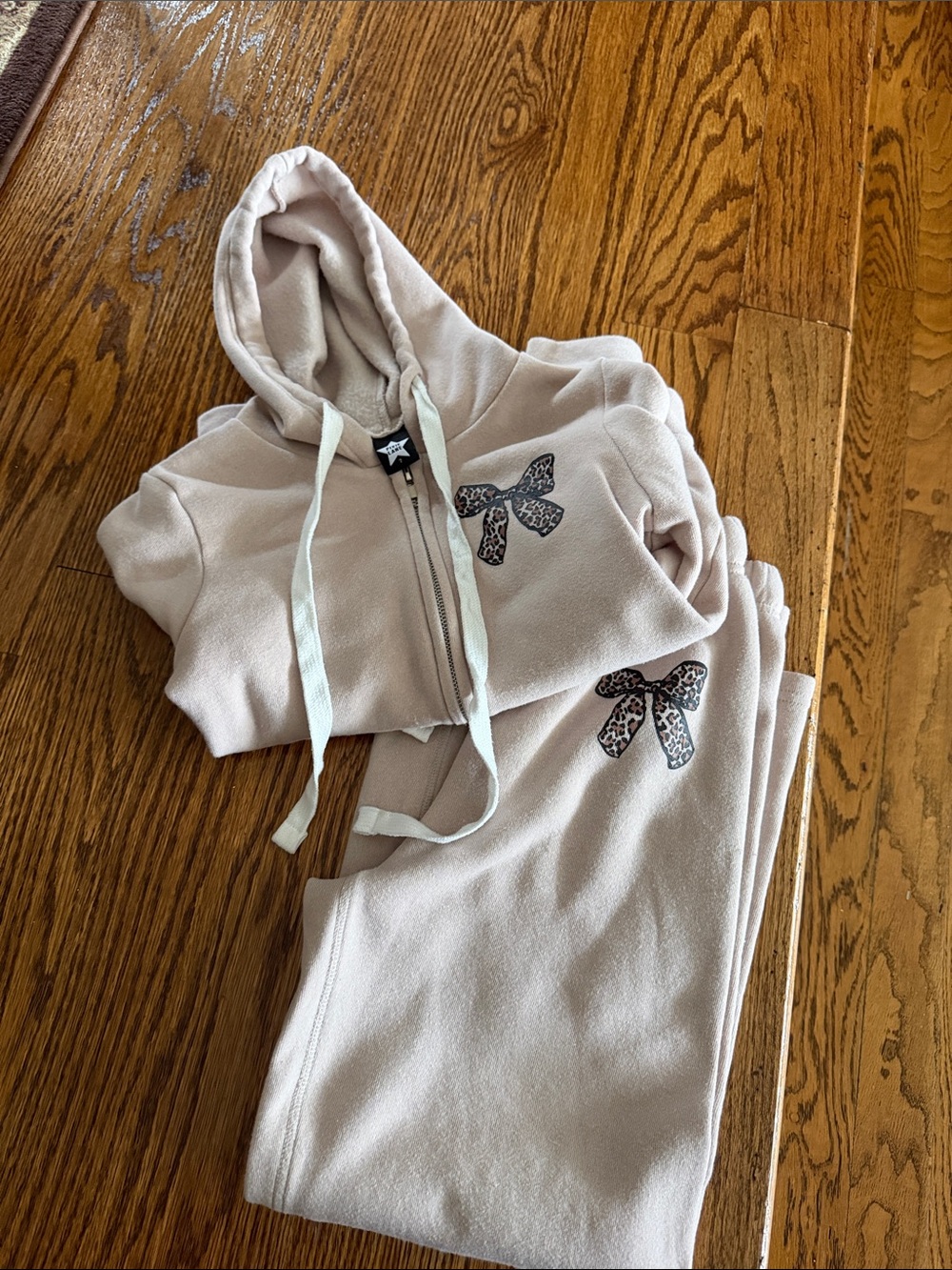 Kids Fleece Zip Hoodie & Joggers - Light Beige with Bow Accent